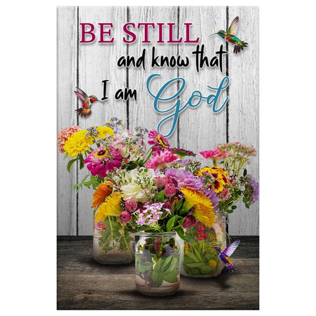 Faith-based wall decor featuring hummingbirds and a vase of flowers with the comforting message from Psalm 46:10, "Be still and know."