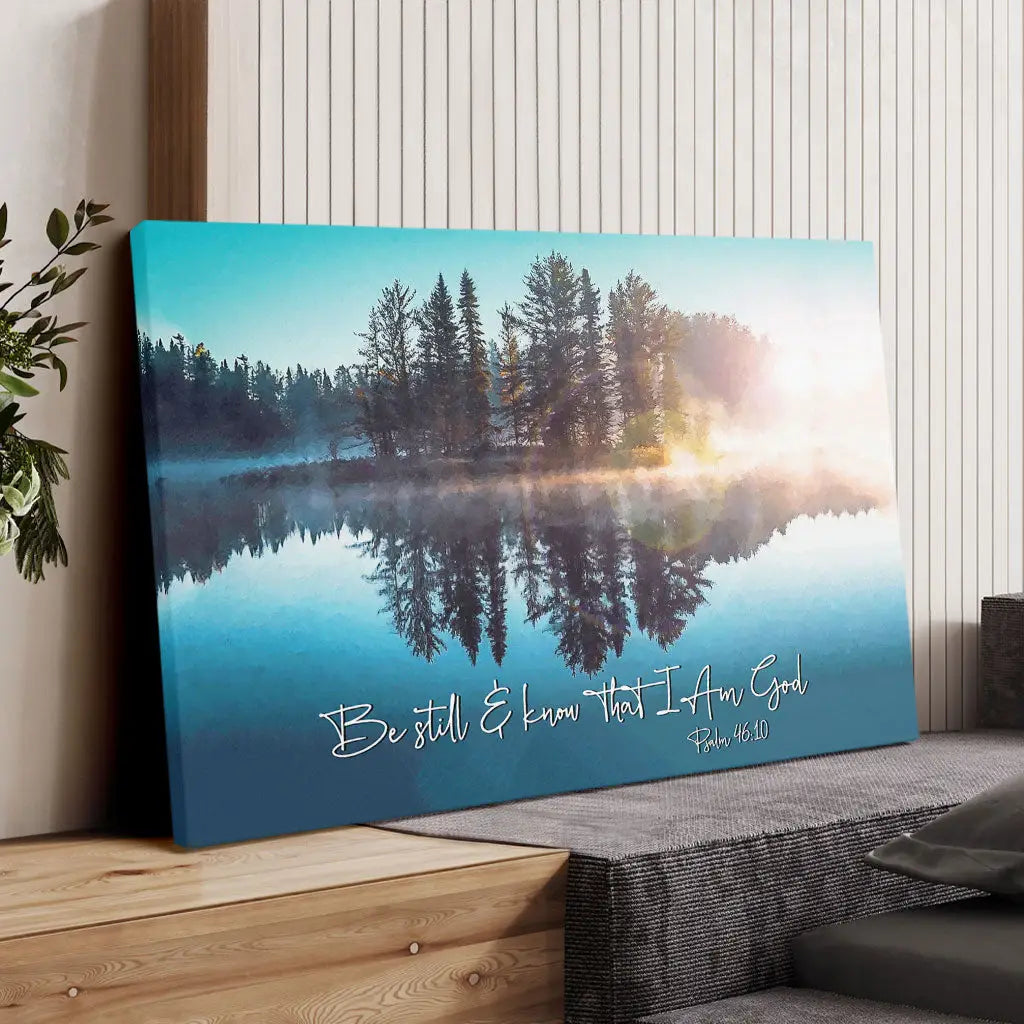 Be Still and Know canvas, peaceful lake scene, faith-based Christian gift for hard times or holidays.