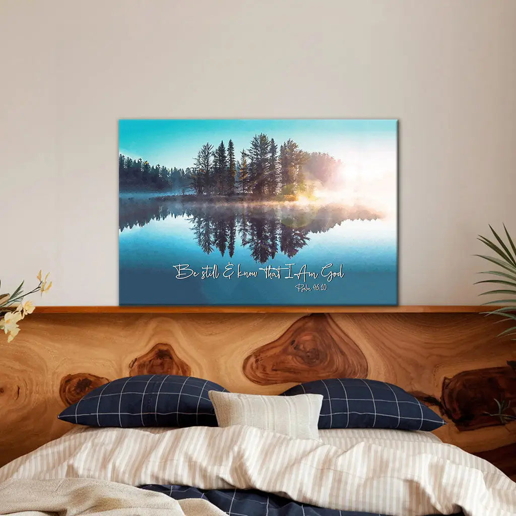 Faith-based lake canvas with scripture, Christian gift for birthdays, Easter, or encouragement.