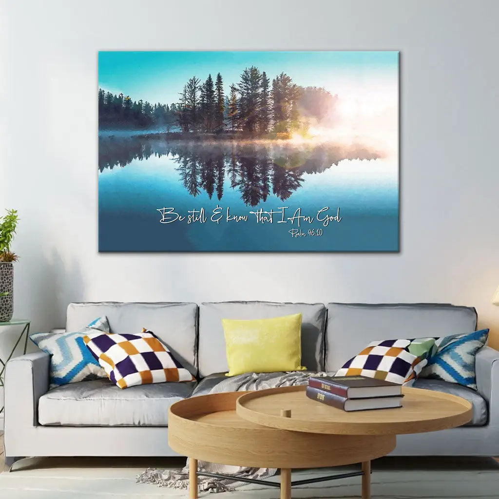 Inspirational Christian wall décor with Psalm 46:10 and lake view, perfect faith gift for loved ones.