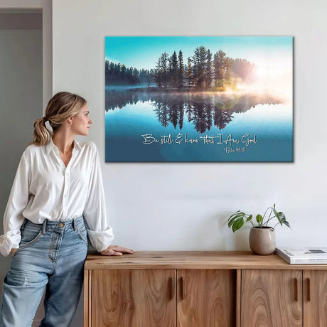 Christian wall art with lake reflections, Bible verse canvas gift for faith, comfort, and inspiration.