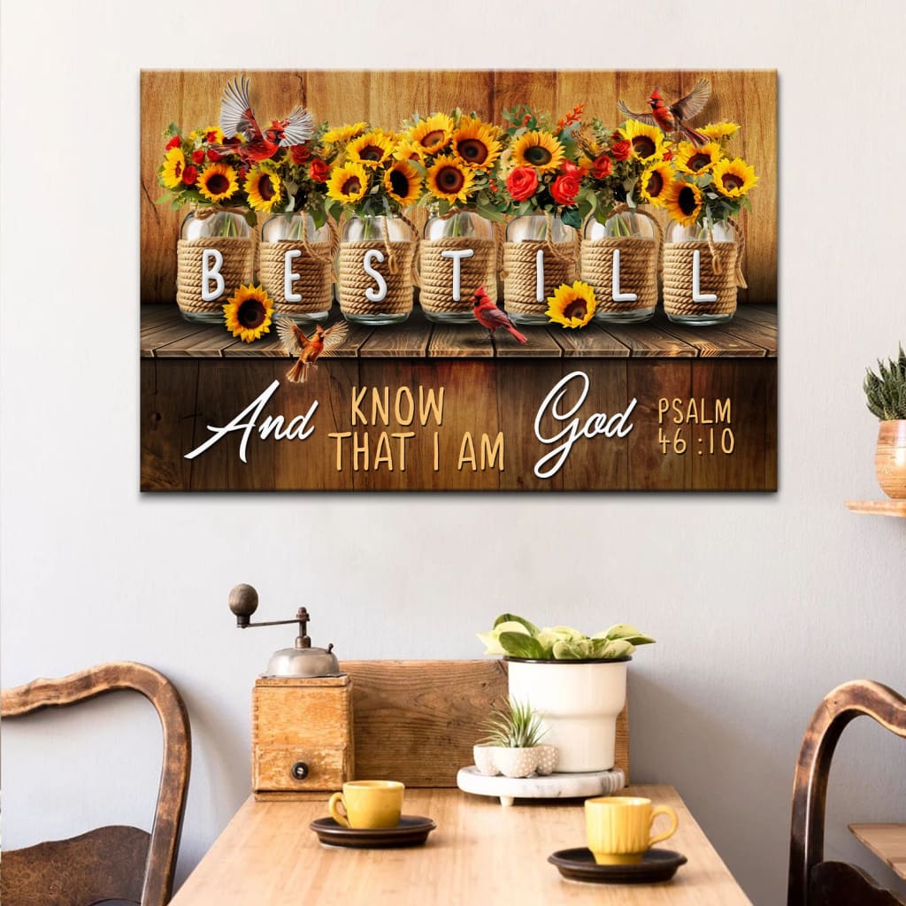 Bible verse wall art with Psalm 46:10, "Be still and know that I am God," paired with rustic mason jar flowers, ideal for Christian homes.