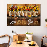 Bible verse wall art with Psalm 46:10, "Be still and know that I am God," paired with rustic mason jar flowers, ideal for Christian homes.