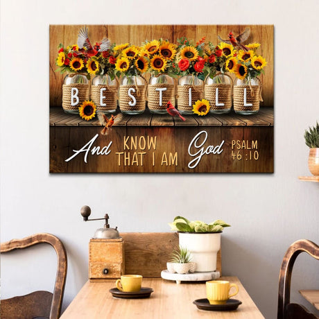 Bible verse wall art with Psalm 46:10, "Be still and know that I am God," paired with rustic mason jar flowers, ideal for Christian homes.