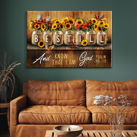 Inspirational canvas with "Be still and know that I am God," Psalm 46:10, adorned with a charming mason jar floral design.