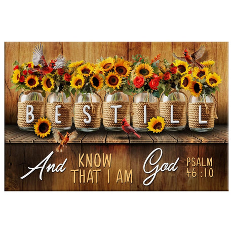 Faith-based decor featuring Psalm 46:10 and a beautiful mason jar flower arrangement, perfect for inspiration and tranquility.