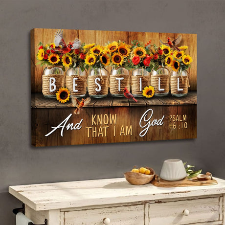 Christian wall art with Psalm 46:10, "Be still and know that I am God," featuring a mason jar with flowers, perfect for home decor.