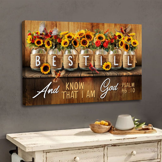 Christian wall art with Psalm 46:10, "Be still and know that I am God," featuring a mason jar with flowers, perfect for home decor.