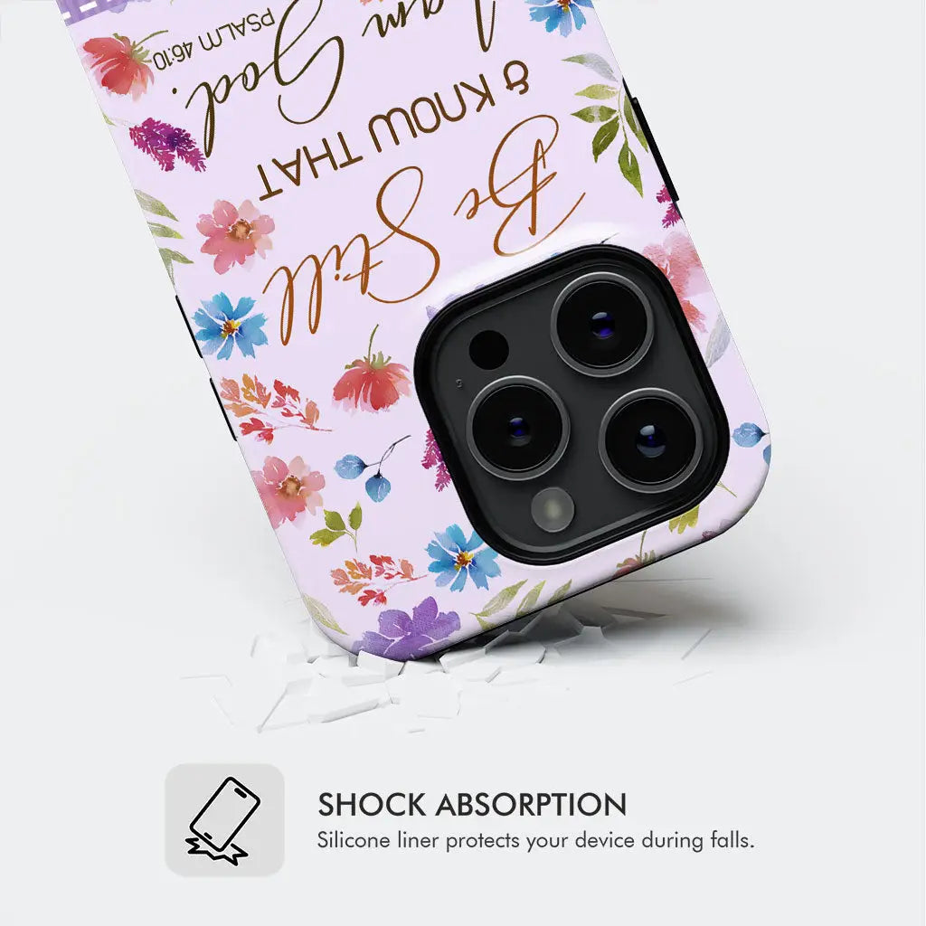Custom phone case with Psalm 46:10 Bible verse "Be Still and Know That I Am God" and your name, perfect for Christian gifts.