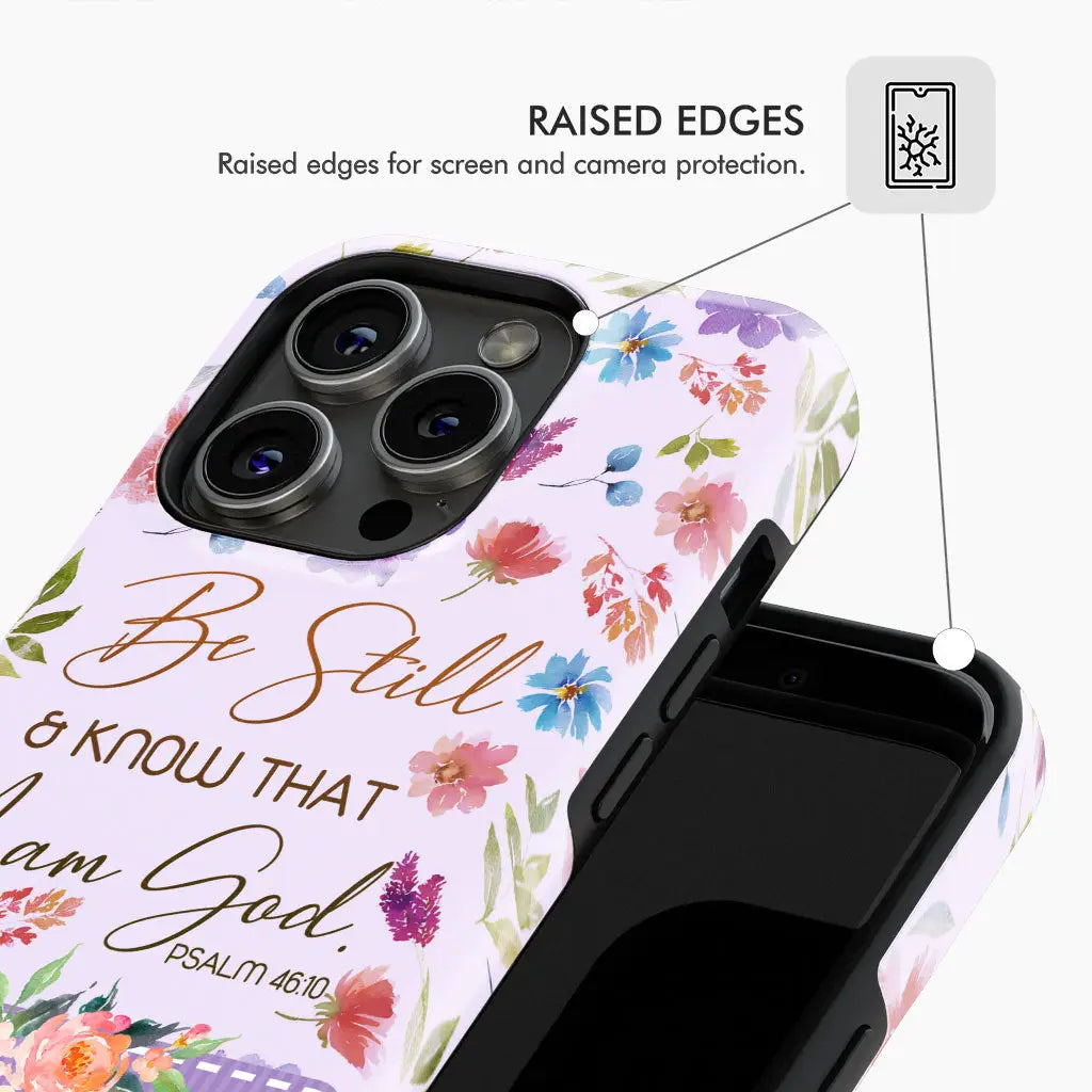 Inspirational phone case with "Be Still and Know That I Am God" Bible verse and personalized name, ideal for faith-inspired gifts.