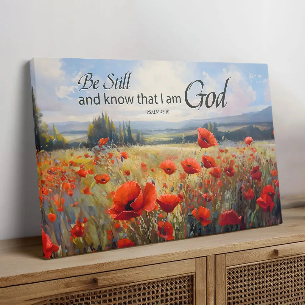 Christian wall art featuring Psalm 46:10, "Be Still And Know That I Am God," with a poppy field, perfect faith-based home decor.