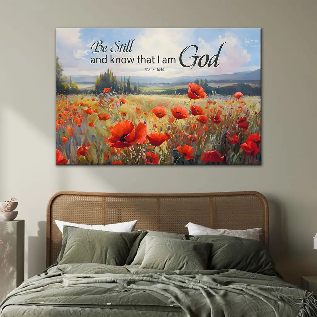Faith-based wall art with Psalm 46:10, "Be Still And Know That I Am God," and poppy field, great for Christian home decor.