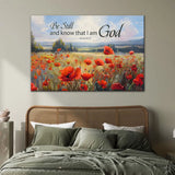 Faith-based wall art with Psalm 46:10, "Be Still And Know That I Am God," and poppy field, great for Christian home decor.
