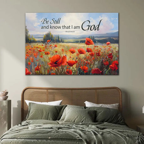 Faith-based wall art with Psalm 46:10, "Be Still And Know That I Am God," and poppy field, great for Christian home decor.