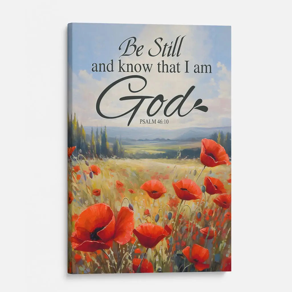 Be Still and Know That I Am God Psalm 46:10 Poppy Field Bible Verse Wall Art Canvas