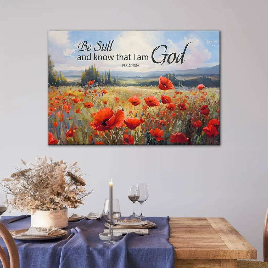 Inspirational canvas print with Psalm 46:10, &quot;Be Still And Know That I Am God,&quot; and poppy field design, ideal Christian wall art decor.