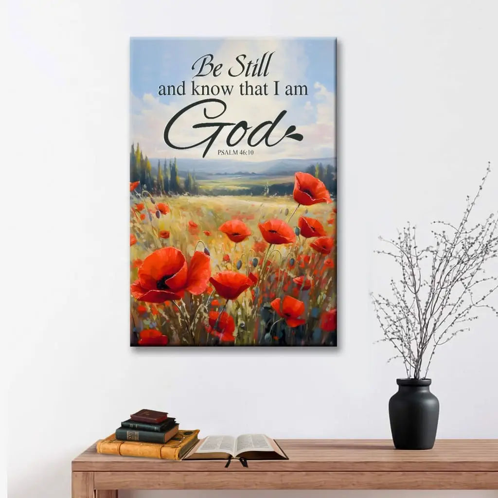 Christian canvas print with Psalm 46:10, &quot;Be Still And Know That I Am God,&quot; and poppy field design, ideal inspirational wall art.