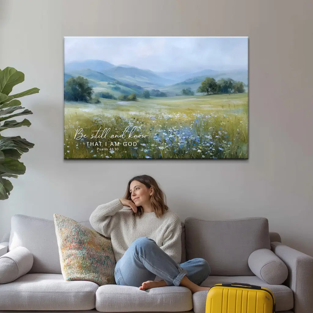 Be Still and Know That I Am God Psalm 46:10 wall art canvas featuring soft hills and open field.