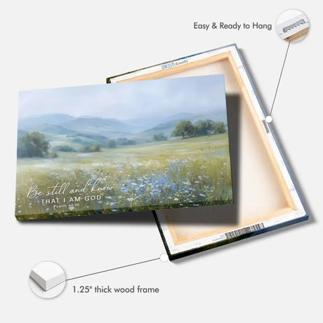 Beautiful Christian home decor featuring soft floral field and Bible verse.