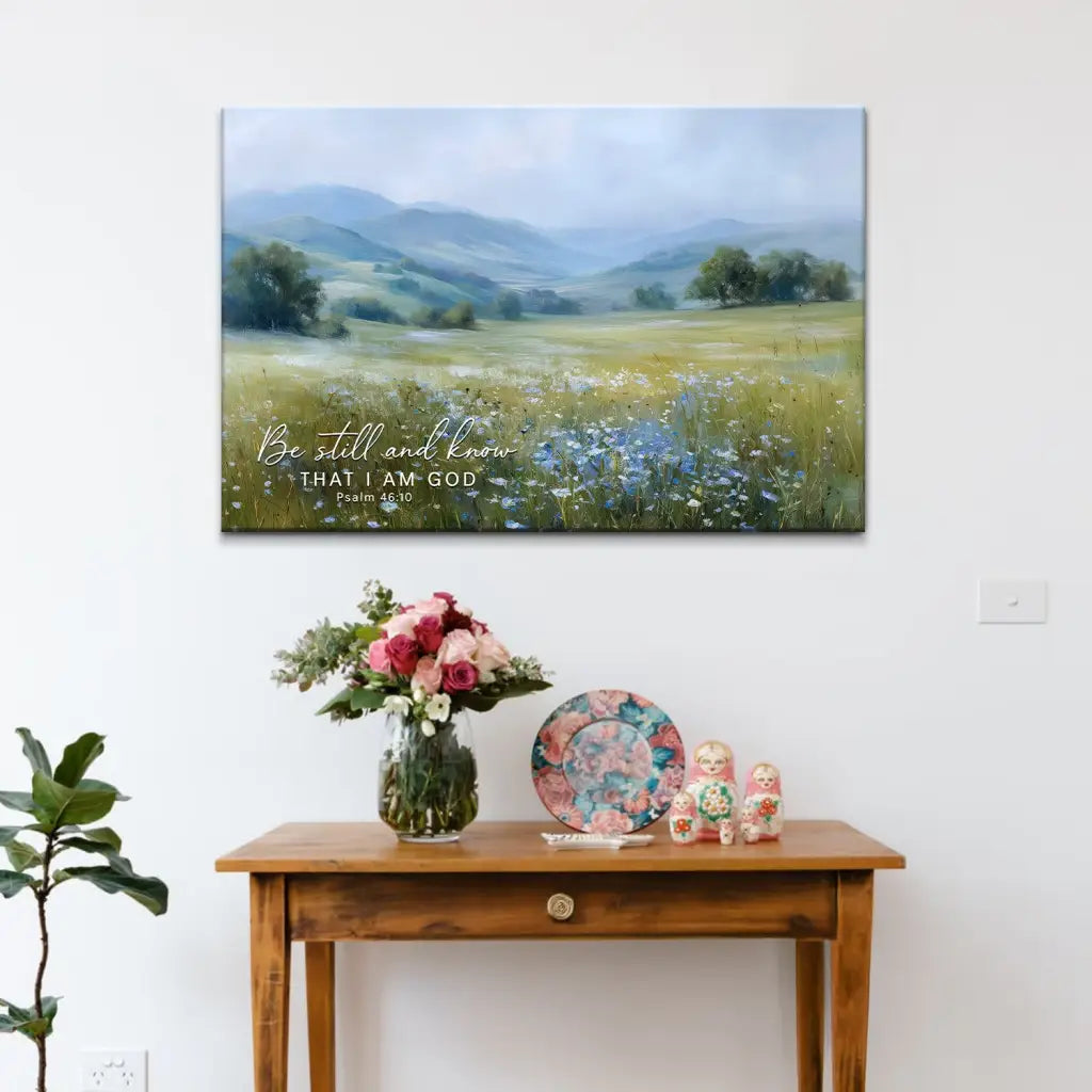 Inspirational Psalm 46:10 canvas reminding believers to rest in God’s presence.