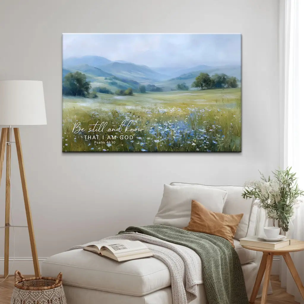 Faith-based wall decor with serene landscape and calming scripture verse.