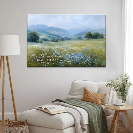 Faith-based wall decor with serene landscape and calming scripture verse.