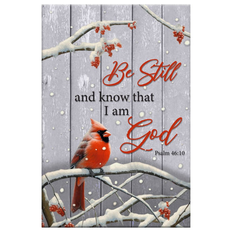 Religious Christmas wall art canvas with a red cardinal and Psalm 46:10, "Be Still and Know That I Am God," perfect for faith-filled seasonal decor.