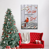 Christmas wall art featuring a bright red cardinal on a branch with Psalm 46:10, "Be Still and Know That I Am God," perfect Christian holiday decor.