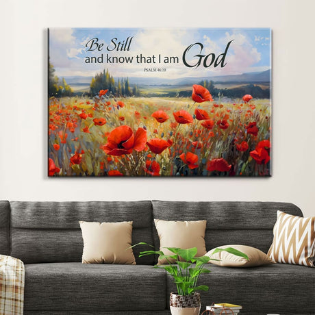 Be Still and Know That I Am God Psalm 46:10 Poppy Field Scripture Wall Art Canvas
