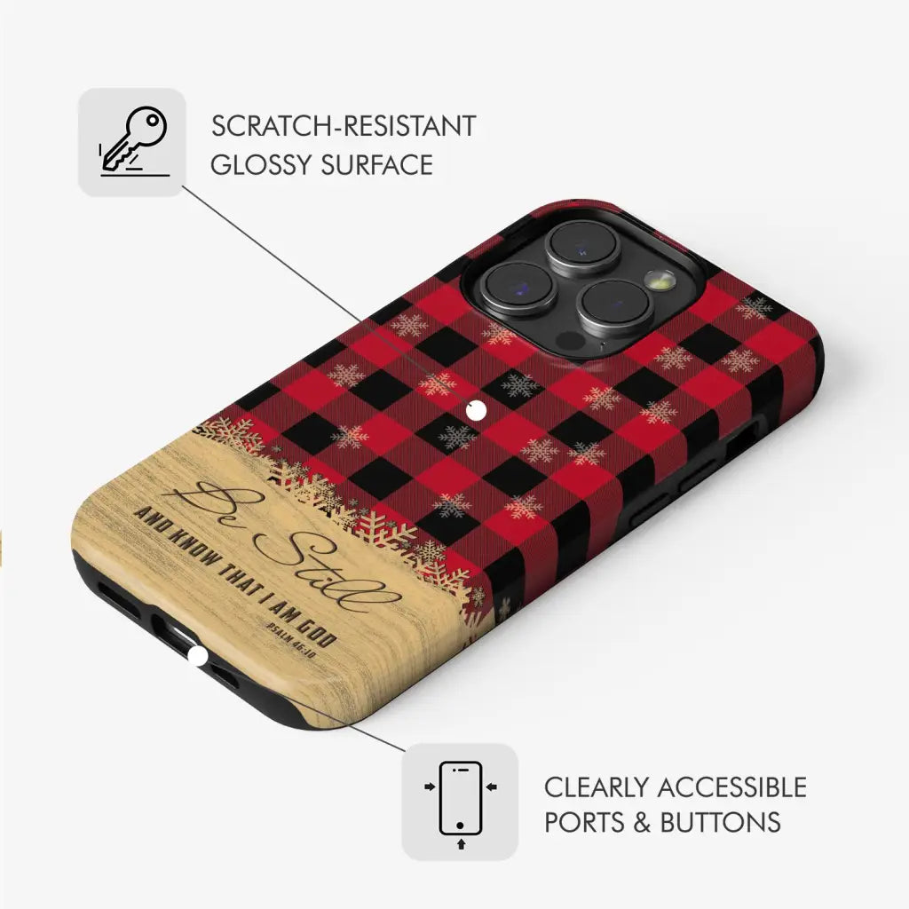 Be still and know that I am God red black buffalo plaid Christmas phone case