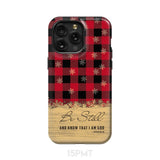 Be still and know that I am God red black buffalo plaid Christmas phone case iPhone 15 Pro Max / Tough