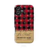 Be still and know that I am God red black buffalo plaid Christmas phone case iPhone 16 Plus / Tough Case