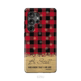 Be still and know that I am God red black buffalo plaid Christmas phone case Samsung Galaxy S25 Ultra / Tough Case