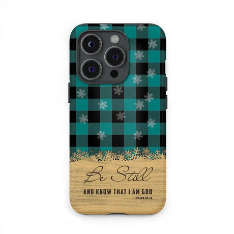Be still and know that I am God teal black buffalo plaid Christmas phone case