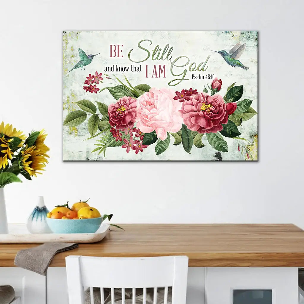 Bible verse wall art canvas featuring "Be Still and Know That I Am God," with vintage flowers and a hummingbird, perfect for faith-filled decor.