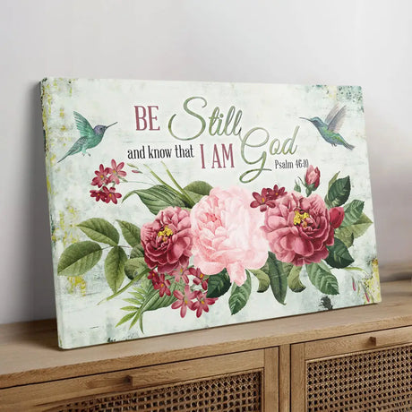 Christian wall art featuring Psalm 46:10, "Be Still and Know That I Am God," with vintage flowers and a hummingbird, perfect faith-based decor.