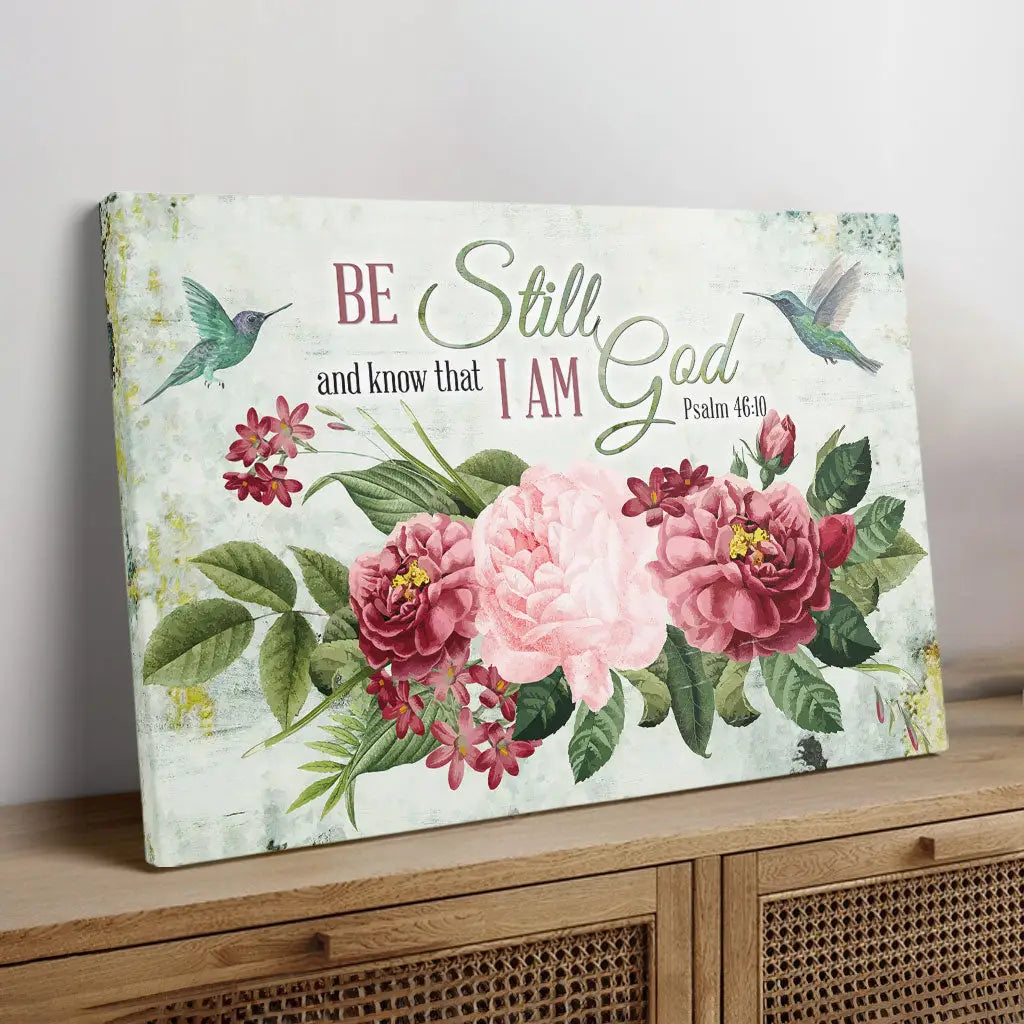 Christian wall art featuring Psalm 46:10, &quot;Be Still and Know That I Am God,&quot; with vintage flowers and a hummingbird, perfect faith-based decor.