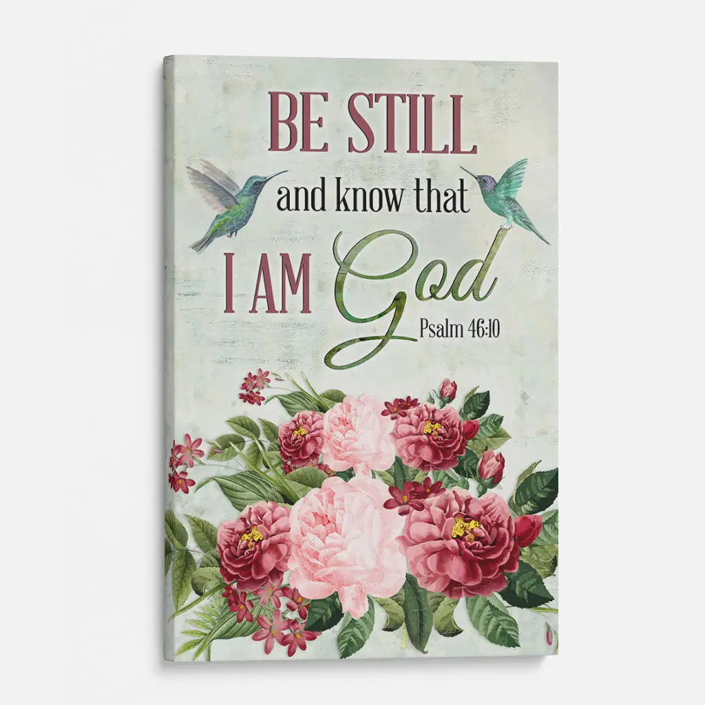 Inspirational Christian canvas with Be Still and Know verse, faith and religion gift with flowers.