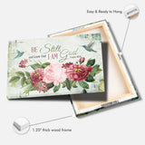 Christian canvas print with Psalm 46:10, vintage flowers, and hummingbird, "Be Still and Know That I Am God," ideal inspirational wall art.
