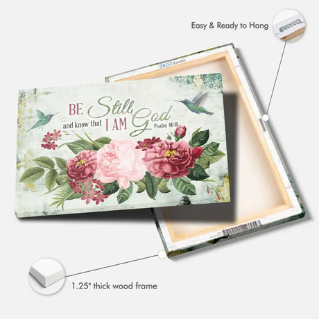 Christian canvas print with Psalm 46:10, vintage flowers, and hummingbird, "Be Still and Know That I Am God," ideal inspirational wall art.