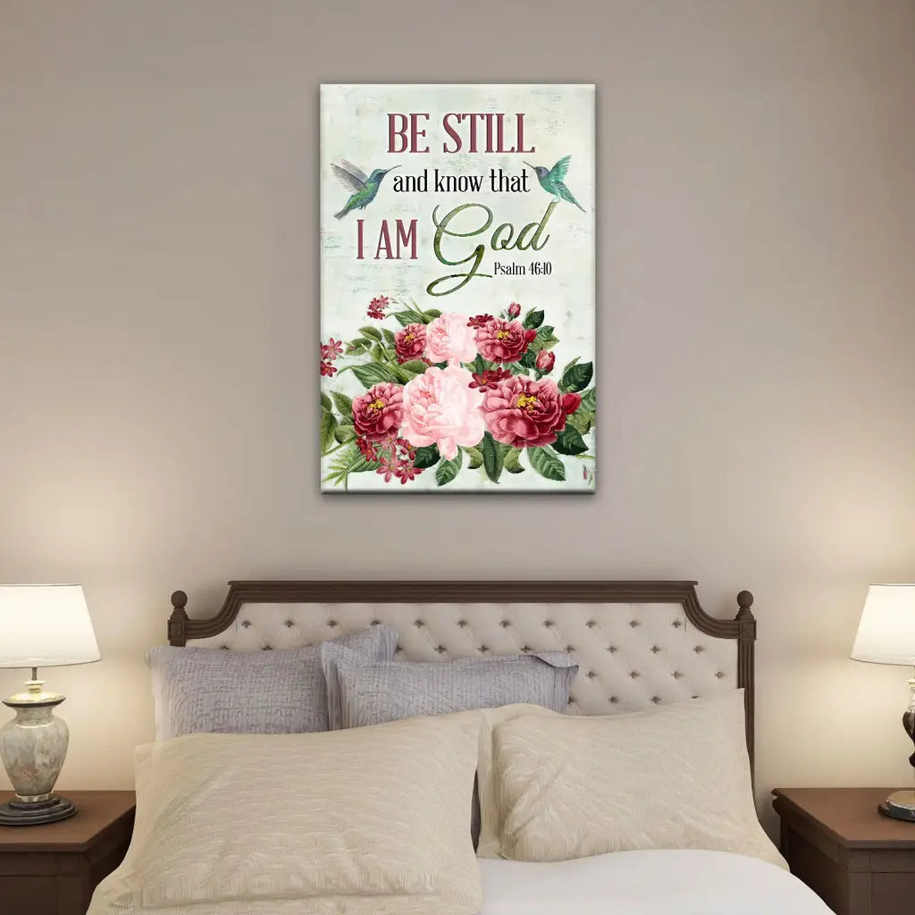 Christian portrait wall décor with Bible verse, vintage-style hummingbird and floral artwork.
