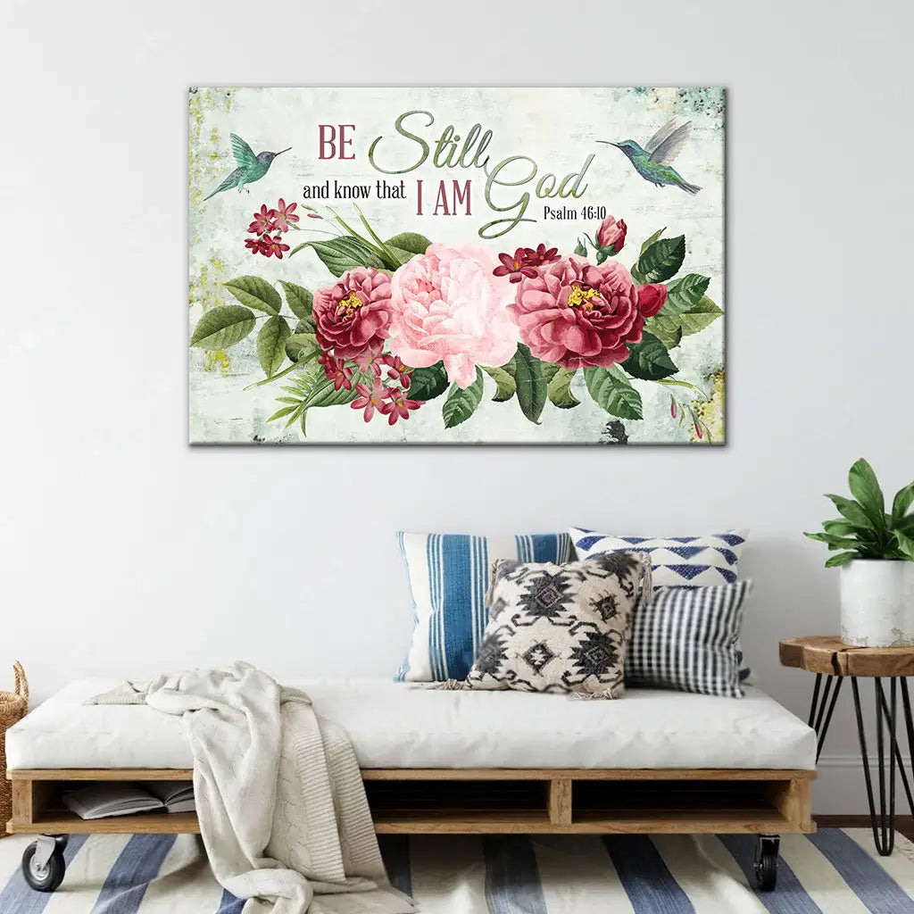 Inspirational wall art canvas print with "Be Still and Know That I Am God," vintage flower, and hummingbird design, ideal Christian home decor.