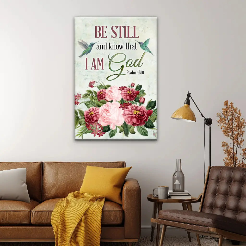 Be Still and Know canvas, inspirational Christian art with hummingbird and floral design.