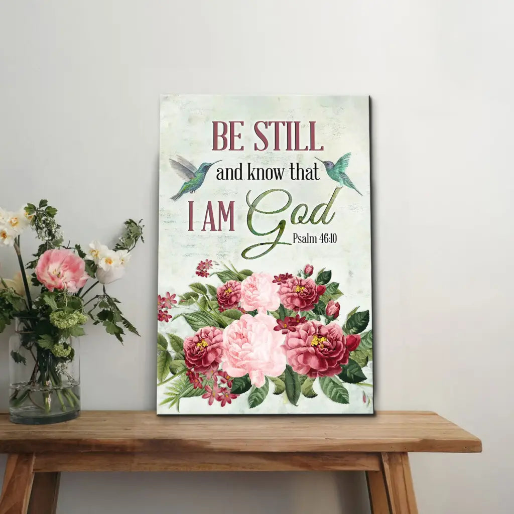 Faith-based wall art with scripture, vintage hummingbird and flower canvas for Christian décor.