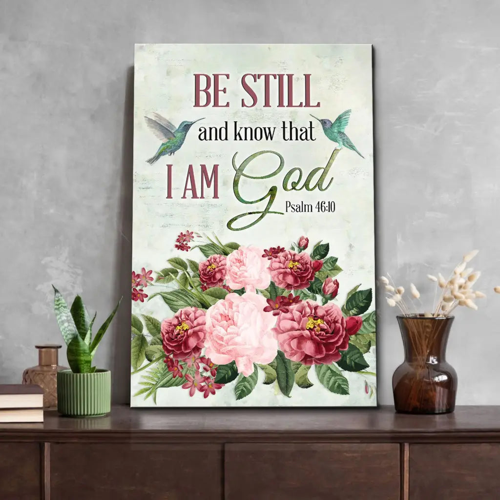 Christian portrait canvas with Bible verse, vintage flowers and hummingbird, faith-based wall art.