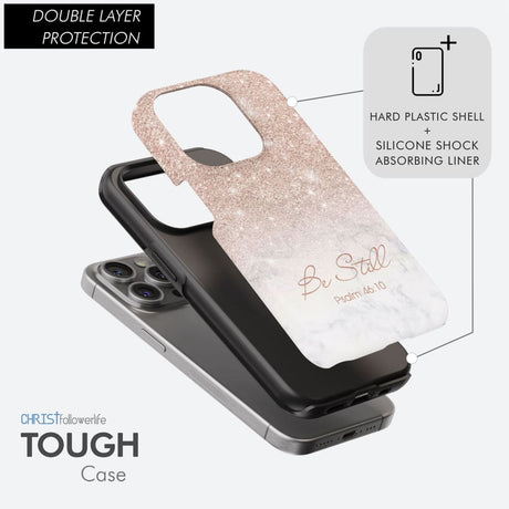 Christian phone case featuring "Be Still" from Psalm 46:10, perfect for faith-based encouragement.