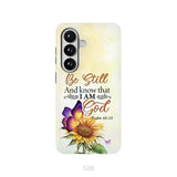 Bible Verse phone cases: Be still and know that I am God butterfly sunflower phone case Samsung Galaxy S26 / Tough Case