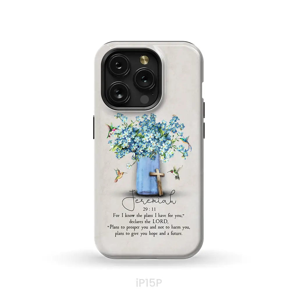 Bible Verse Phone Cases: Jeremiah 29:11 Niv Hummingbird Flowers Case iPhone 15 Pro / Tough
