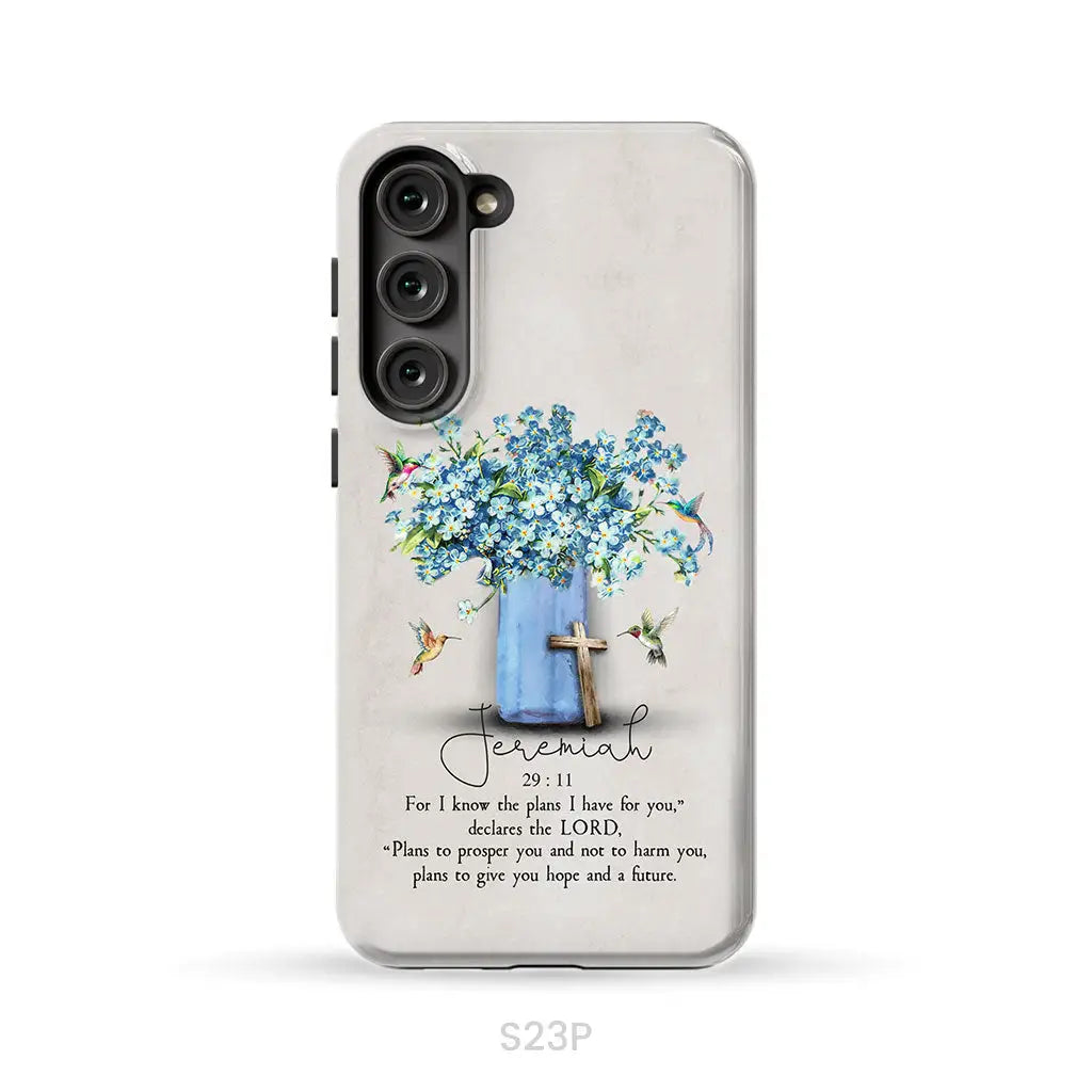 Bible Verse Phone Cases: Jeremiah 29:11 Niv Hummingbird Flowers Case Samsung Galaxy S23 Plus / Tough