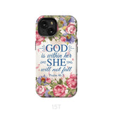 Bible verse phone cases: Psalm 46:5 God is within her she will not fall case iPhone 15 / Tough